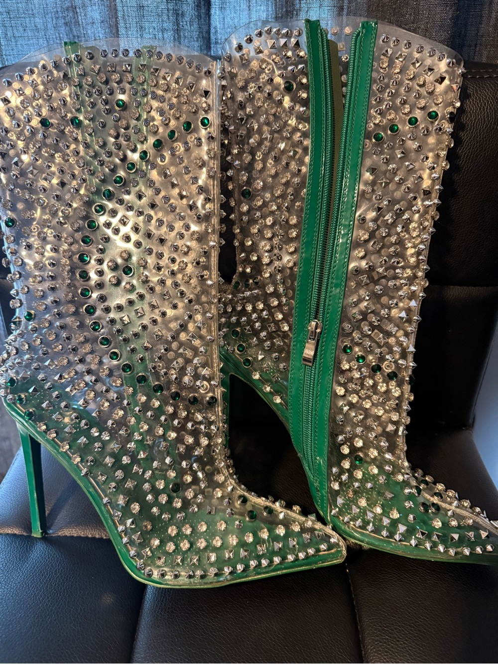 Green Crystal-Embellished Pointed Stiletto Boots - Picture 3 of 3